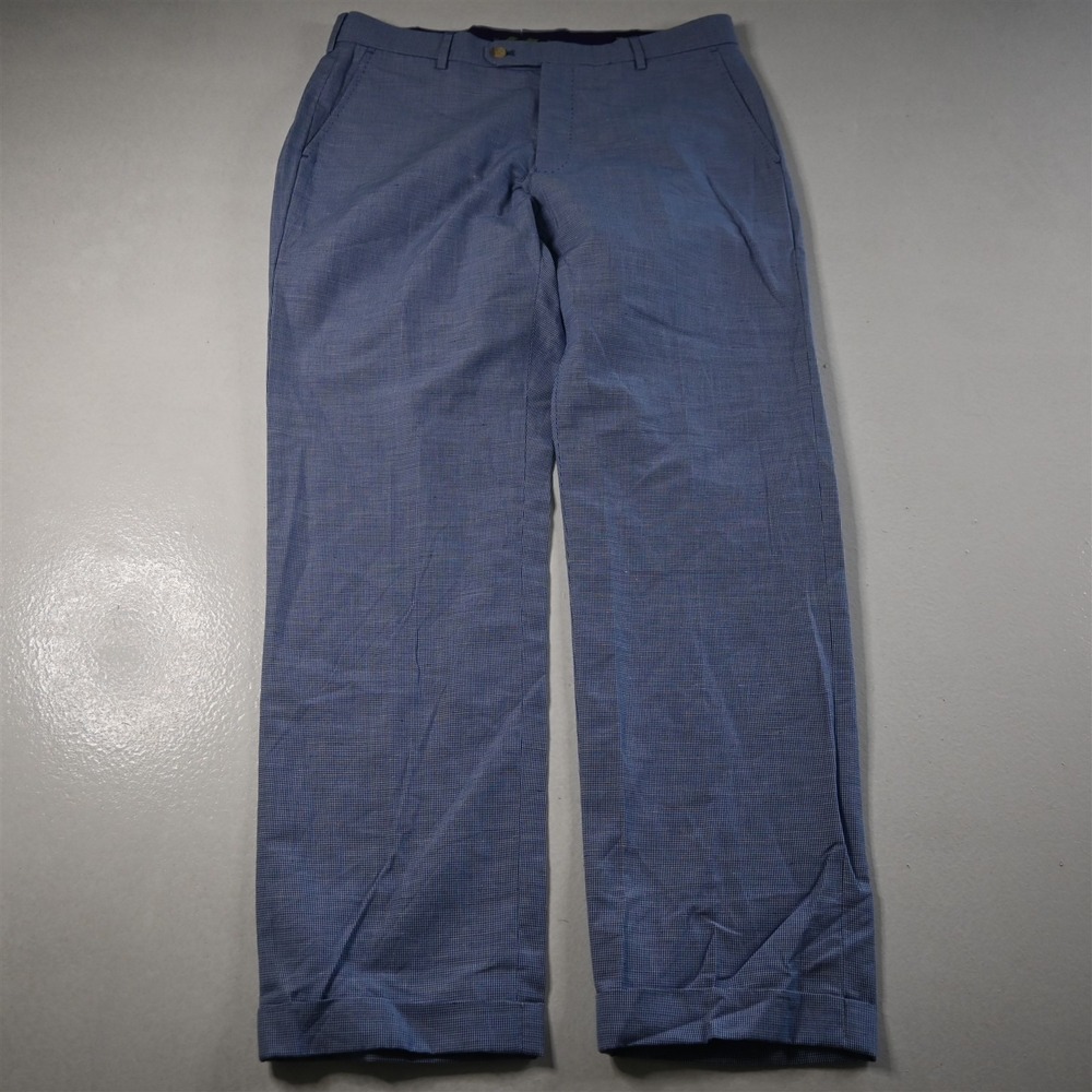 Henry Sage 33x30 Blue Houndstooth Linen Straight Cuffed Dress Mens‎ Pants